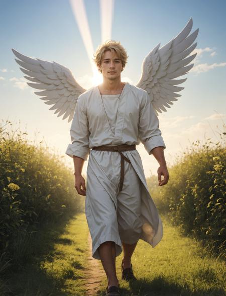 00082-1644951321-1boy, a handsome angel walking down a field, wind blowing as a holy radiant light beams down.png